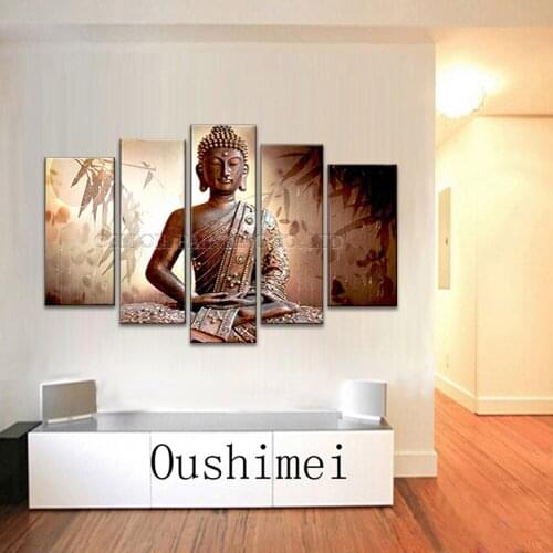 Professional Artist Handmade High Quality 5 Panels Impression Buddha Oil Painting on Canvas Abstract Buddha Portrait Painting