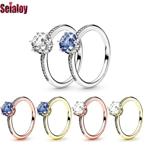 Seialoy New Shiny Zircon Crown Rings For Women Men Original Crystal Wedding Engagement Ring Fine Couples Stackable Ring Jewelry