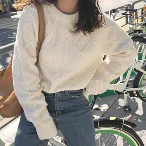 Vintage White Wool Sweaters Womens Jumper Autumn Warm Knitwear Tops Loose Black Cropped Sweater 2020 Winter Knit Pullover Pulls