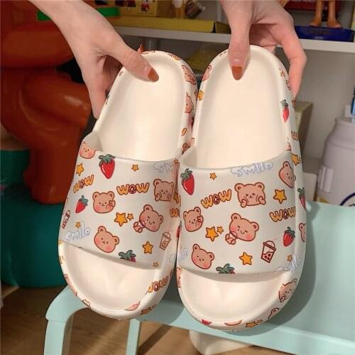 Womens Slippers Summer Slides Home Bathroom Slippers Smile Bear Pattern Antislip House Zapatillas Casa Salle de Bain Flat Shoes