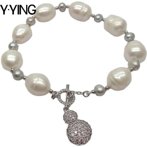 Y·YING natural Cultured White Rice freshwater Pearl Bracelet Cz pave Toggle Clasp 8" classic wedding for women