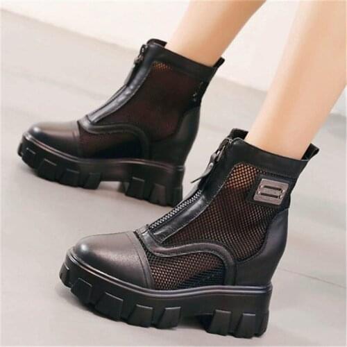 Military Womens Front Zip Genuine Leather Wedge Ankle Boots Sandals Oxfords High Heel Platform Shoes 34 35 36 37 38 39