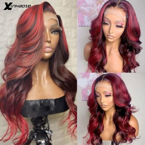 Red Highlight Lace Wigs Pre Plucked Wavy Human Hair Wig 180% Density Remy Hair Body Wave 99J Highlights Bleached Knots