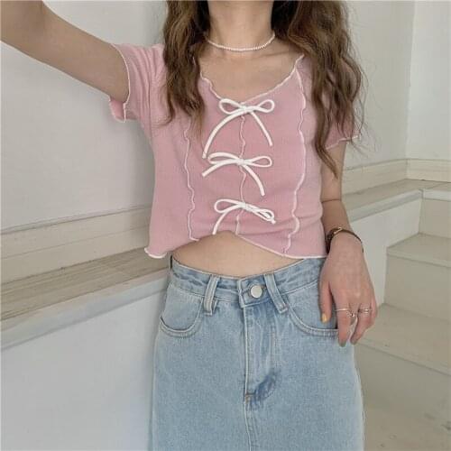Women Bowknot Knitted T-shirts Crop Tees Female Cute Sweet V-Neck Solid Casual Flounce Hem T-shirts For Women