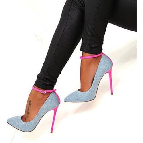 Newest Denim Blue High Heel Shoes Sexy Pointed toe Ankle Strap Buckle Woman Pumps Pink Stiletto Heel Cowboy Party Dress Shoes