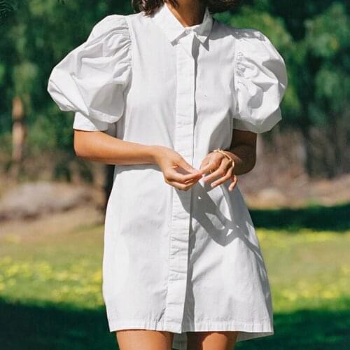 Women Casual Lantern Sleeve Mini Party Dress Short Sleeve Turn Down Collar White Color Cotton Straight Dress 2021 Summer Dress