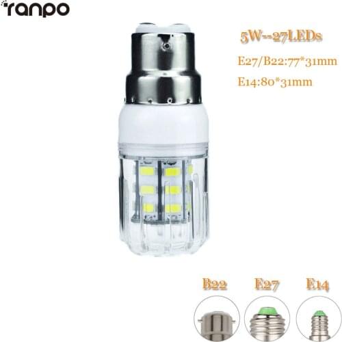 E27 B22 Corn Lights Bulb E14 27LEDs 5W Light Bulb 5730 SMD Energy Saving Spotlight Bulb Warm Cool White Lighting DC 12V 24V 1Pcs