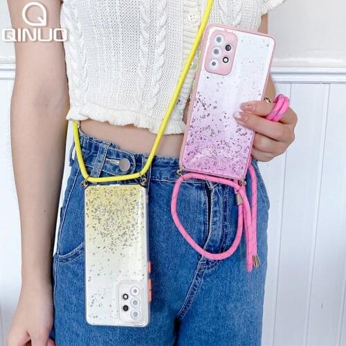 Glitter Case+Hang Neck Strap Lanyard For Xiaomi Redmi Note 10 9 8 Pro 9S 10S K40 Mi POCO M3 F3 X3 NFC Transparent Silicone Cover