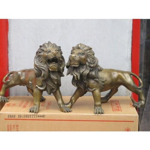 15" Western Art Bronze Copper sculpture Simba Foo Dog Lion Wildlife statue Pair Garden Decoration 100% real Brass Bronze