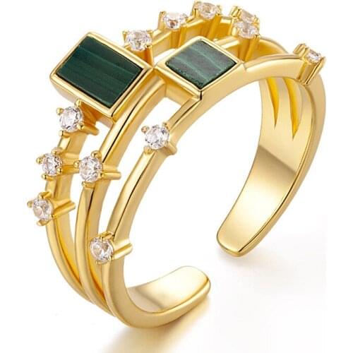 Double row 925 silver inlaid natural malachite zircon ring temperament open row ring with ring for women