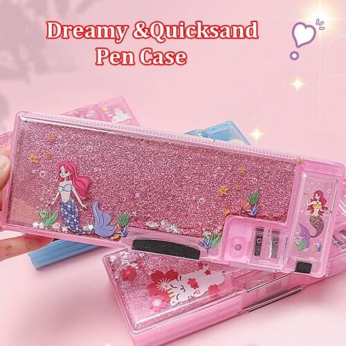 Ye Luoli Multifunctional Stationery Box Double-layer Large Capacity Cartoon Quicksand Pencil Case With Sharpener Girl Student