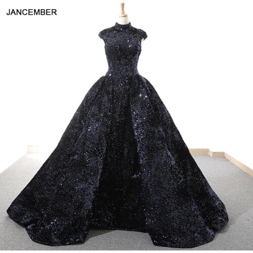 J66745 jancember navy blue evening dresses 2019 sleeveless high neck ball gown sequined shiny prom party dresses платье вечернее