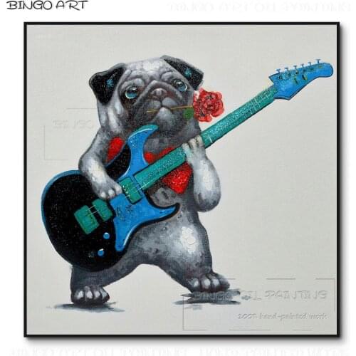 Without Framed Hand-painted Lovely Dog Playing Guitar Oil Painting on Canvas Cute Dog with Rose Flower Picture for Wall Decor