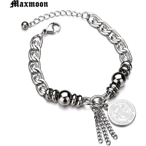 Maxmoon women bracelet Saint Benedict Medal and cross Catholicism symbols Saint Benedicts cross Stainless steel bracelet