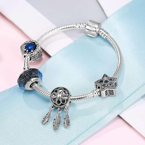 925 Sterling Silver Fashion Classic Button With Blue Glass Beads Shadow Catching Charm Fit Original Pan Charm Diy Jewelry