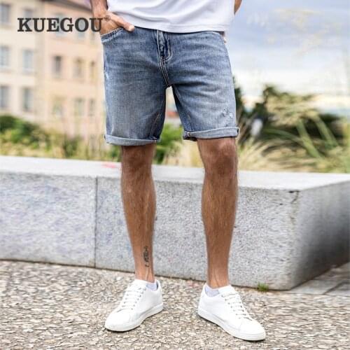 KUEGOU 100%Cotton Mens Jeans Worn-out Fashion Paisley Print Pockets Denim Short Summer High Quality Clothing Plus Size 1965