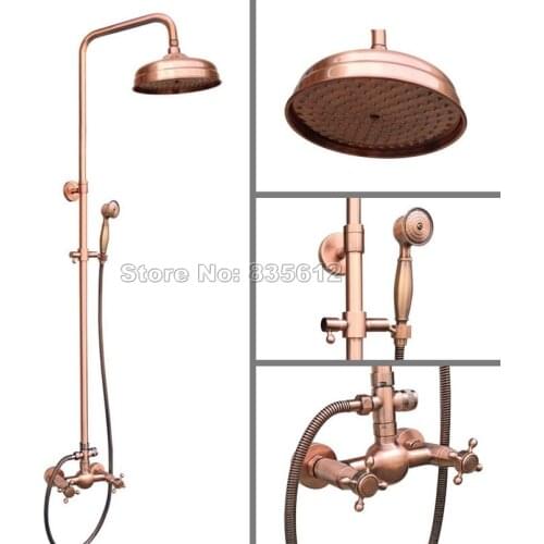 Wall Mounted Bathroom Antique Red Copper 8" Shower Head Rain Shower Faucet Set /Dual Handles Mixer Tap + Handheld Shower Wrg521
