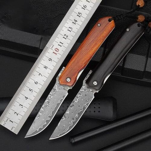 Damascus Steel Folding Knife Outdoor Portable Knife Wood Handle Pocket Knife Defensive Tactical Survival Knife EDC Tool