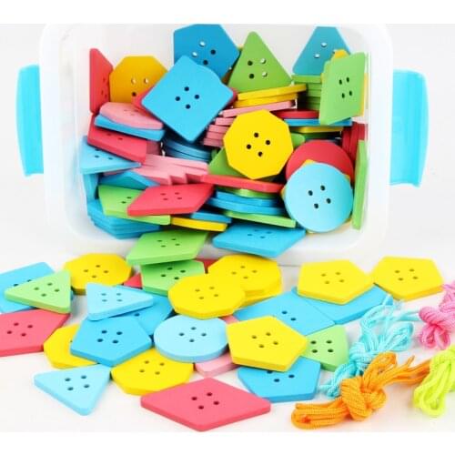 40/60pcs Montessori Education Wooden Wear The Button Wooden Toys Threading Board Beaded Blocks Child Birthday Gift