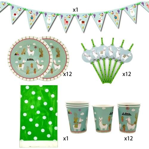 Party supplies 38pcs for 12kids LLAMA ALPACA theme birthday party decoration tableware set, plate+cup+straw+flag+tablecover