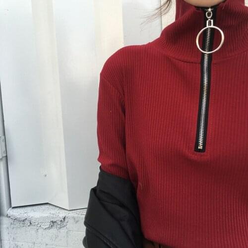 Korean Blusa Sale Cotton Woven Camisetas Spring New T-shirt Retro Ring Zipper High Collar Was Thin Thread Long-sleeved Female