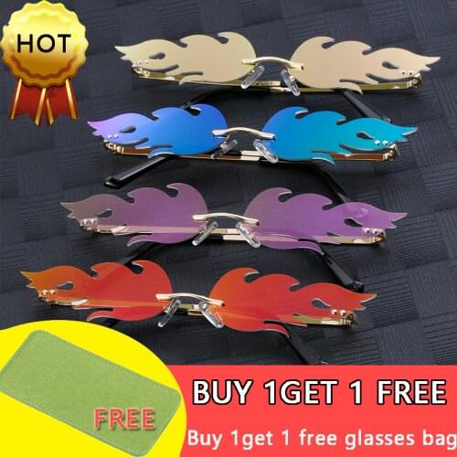 2020 Fashion Fire Flame Sunglasses Women Men Rimless Wave Sun Glasses Eyewear Luxury Trending Narrow UV 400 Sunglasses free gift