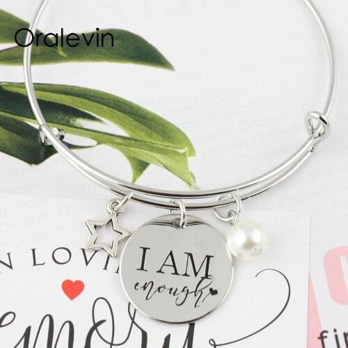 I AM ENOUGH Bracelet Inspirational Hand Stamped Bracelet Engraved Charm Bracelet Wire Expandable Bangle Bracelet Jewelry LN2266B