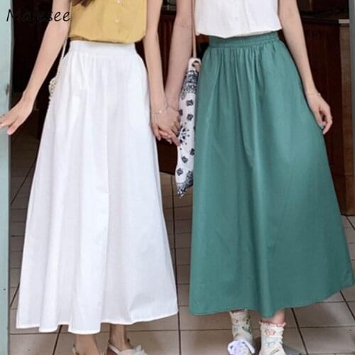 A-line Skirts Women Summer Solid Simple Elastic Waist Empire Girls Cute Fashion Elegant Leisure Korean Style New All-match Soft
