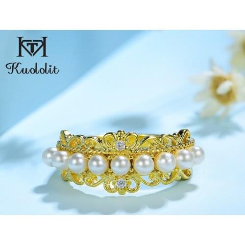 Kuololit 100% Diamonds 10K Yellow Gold Rings for Women Natural Freshwater pearl Ring for Engagement Wedding Bride anniversary