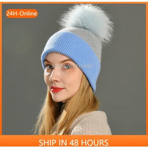 Women Winter Hats Cashmere Knitted Wool Cap Real Fur Ball Top Striped Knitted Hat Female Fashion Cap Ladies Hedging Wool Beanie