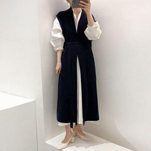 Black Long Jacket Women V Neck Sleeveless High Waist Minimalist Solid Vest Coats Female Korean Fashion Autumn Clothing X714
