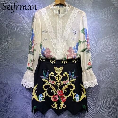 Seifrmann Summer Women Fashion Runway Skirt Set Flare Sleeve Loose Blouses + High Waist Crystal Short Skirts 2 Two Pieces Suits