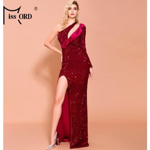 Missord 2021 Women Sexy Irregular Neck One Shoulder Sequin Dresses Female Elegant High Split Maxi Dress FT19490