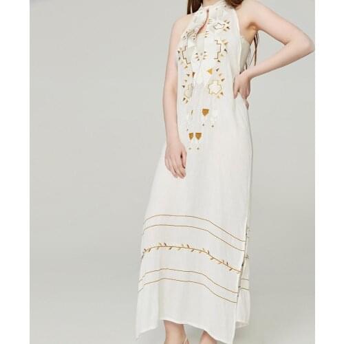 Embroidery Halter Maxi Dress Women Chinese Sleeveless White Rayon Backless Floral Dresses Summer Casual A-line Street Sexy Dress