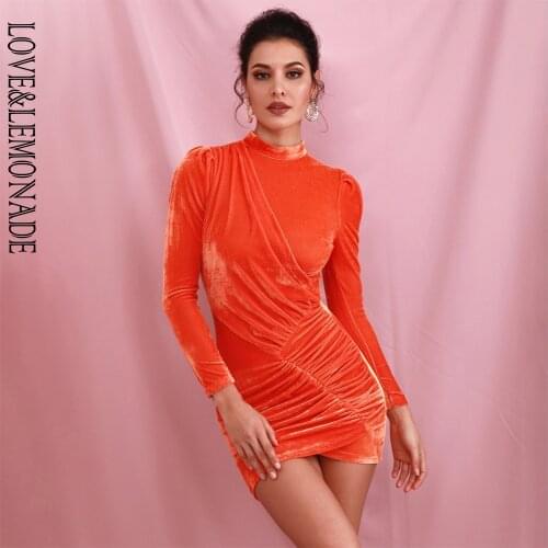 LOVE&LEMONADE Sexy Orange Stand Collar Sleeve Stitch Elastic Tan Goose Down Bodycon Party Mini Dress LM82166 LM82166