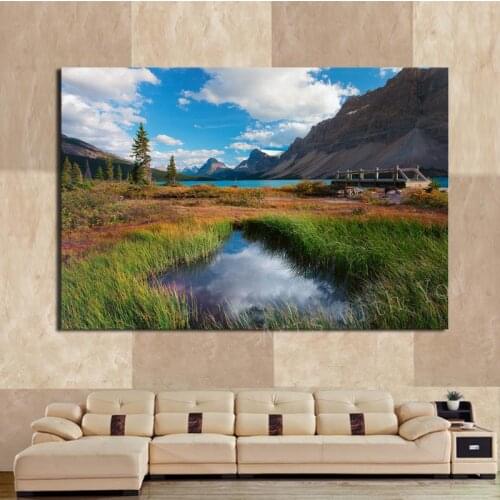 1Panel Decorative Art Picture Clear Lake Mountain Blue Sky White Clouds Painting On Canvas For Room Home Decor Wall OilPaintings