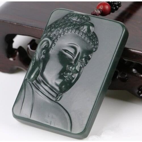 100% Natural Green Real Hetian Stone Pendant Carved Shakyamuni Gautama Buddha Head Pendant Necklace Mens Jewelry Free Rope