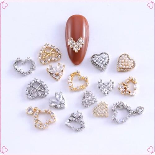 5PCS/Pack 3d Nail Art Decorations Charms Heart Silver/Golden Zircon/Pearl Metal Rhinestone Manicure Jewelry Accessories#ZG1578