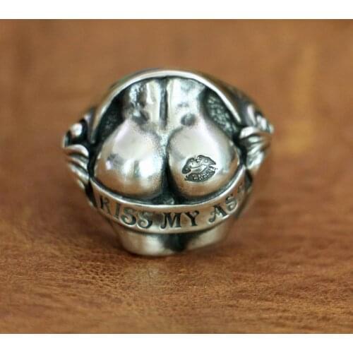 925 Sterling Silver Sexy Hips Buttocks Ring KISS MY ASS Mens Biker Ring TA148