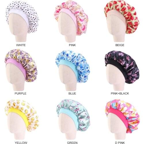 10pcs/lot Kids Satin Bonnet Cap print Turban Chemo Hat Girls Wide Elastic Band Night Sleep Beanies Chemo Cap