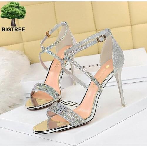 BIGTREE Shoes Open Toe Womens Sandals Sequin Cloth High Heels Rhinestone Women Sandals 2021summer Sandal Heels Stiletto Female