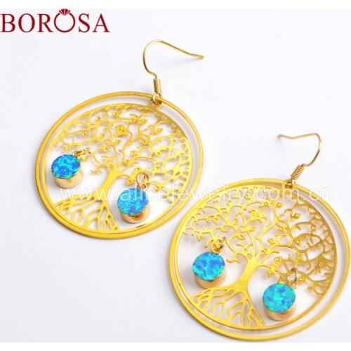 BOROSA 5Pair Druzy Jewelry Blue Opal Life Tree Chic Natural Opal Dangle Earrings For Women HD0007