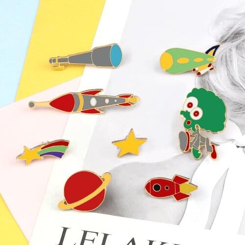 Universe Brooches Rocket Star Telescope Planet Alien Enamel Pins Bag Shirt Denim Lapel Pin Out Space Badges Jewelry Collection