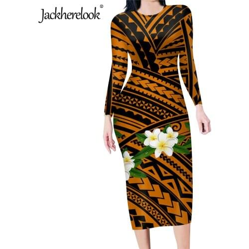 Jackherelook Vintage Polynesian Tribal Print Autumn Elegant Pencil Bodycon Dress Sexy Long Sleeves Midi Party Dresses Vestidos