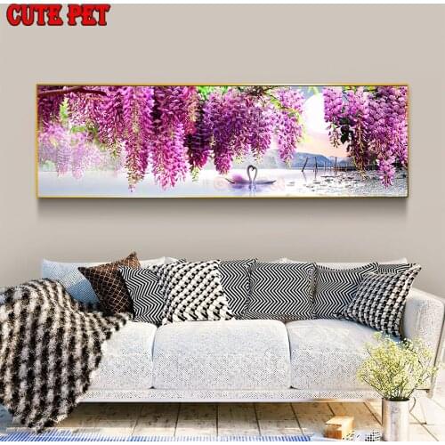 Natural scenery swan lake 5D diy Diamond Painting cross stitch Wisteria flower mosaic full square round diamond embroidery large