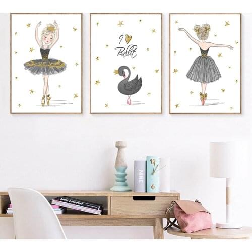 Golden Foil Ballet Girl Canvas Painting Kids Poster Black Swan Nursery Wall Art Print Nordic Baby Room Decoration Pictures