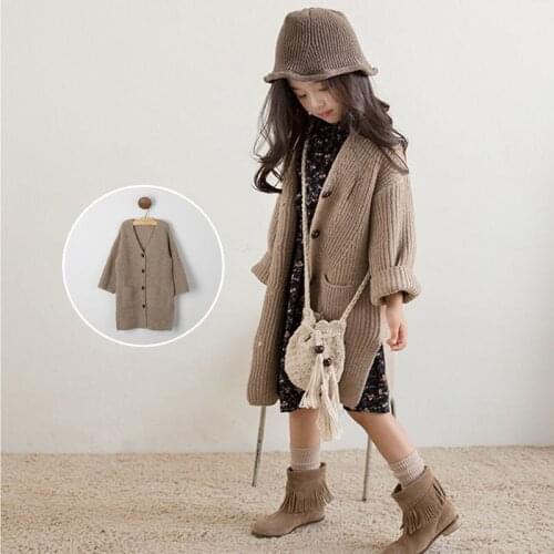 4-10 Y Korean Childrens Autumn Winter Sweaters Thick Cardigan Knitted Girls Jackets Girls Warm Coat mid-length thick knit jacke