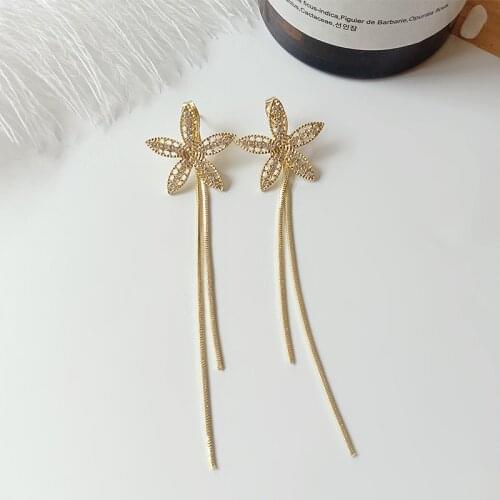 Korean Fashion New Style Earrings Temperament Five-petal Flower Net Red A Two-wear Rear-hanging Tassel Long Earrings Womens