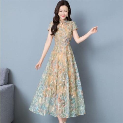 Floral Lace Qipao Dress Women 2021 Spring Summer New Retro Half-High Collar Cheongsam Female Slim Long Elegant Vestidos zh1193