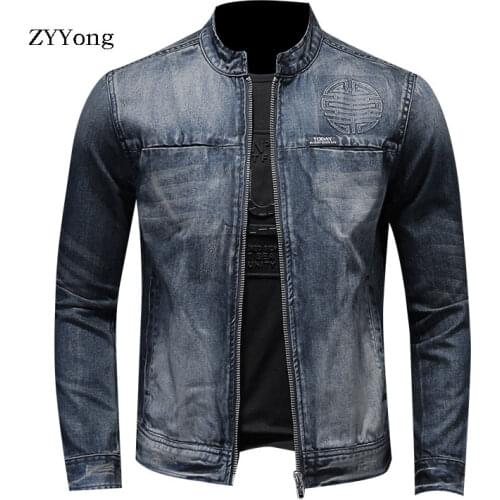 European Style Stand Collar Bomber Pilot Blue Denim Jacket Men Jeans Coats Slim Motorcycle Casual Outwear Clothing Overcoat